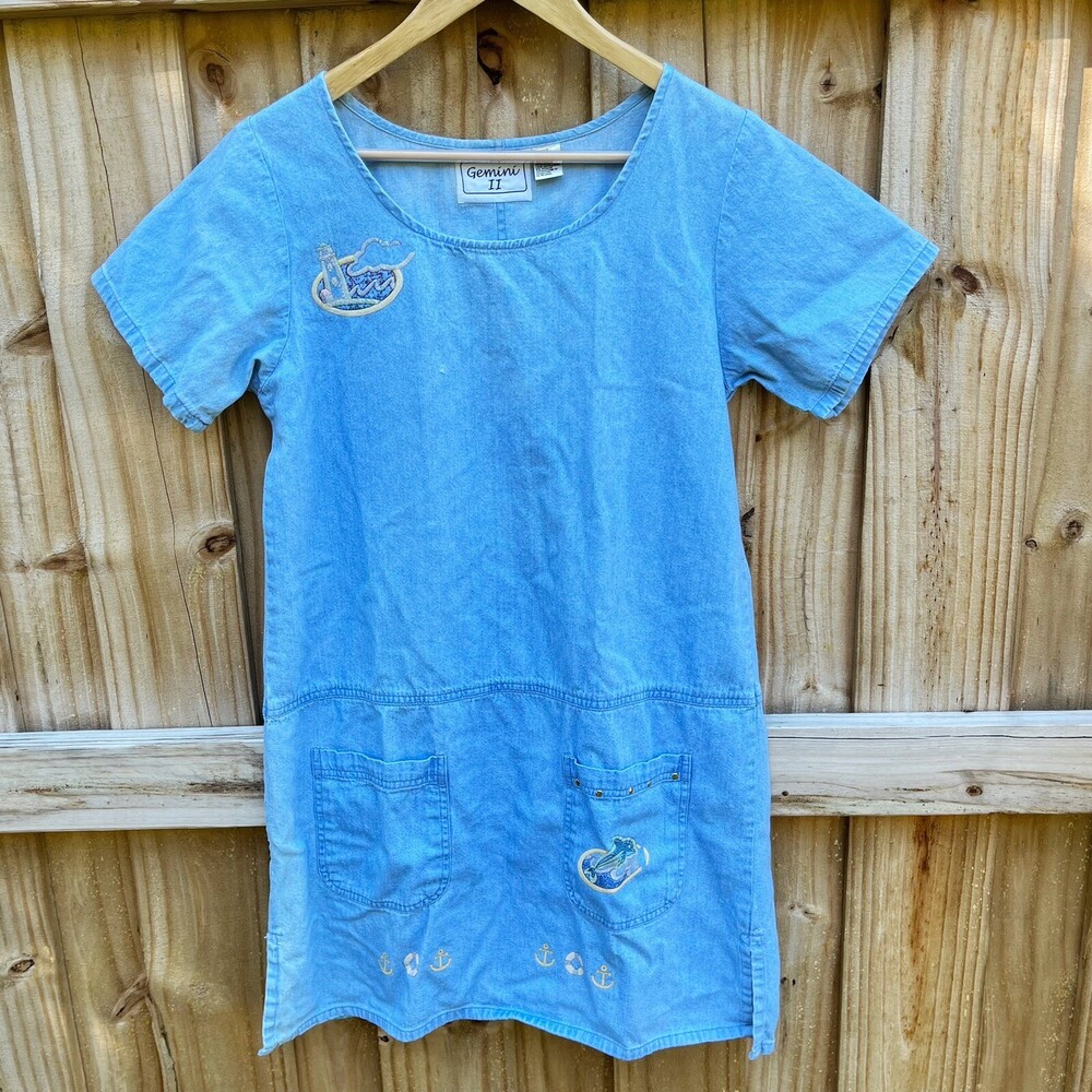 Vintage Gemini II Dress Dolphins Denim Lighthouse Beach Pockets Small Womens